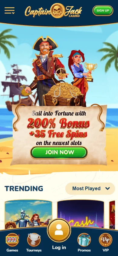 Captain Jack Casino home experience on a mobile browser