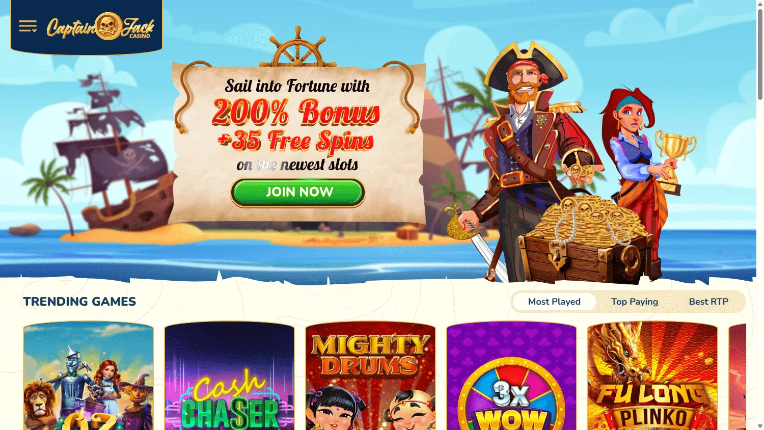 Captain Jack Casino home experience on desktop