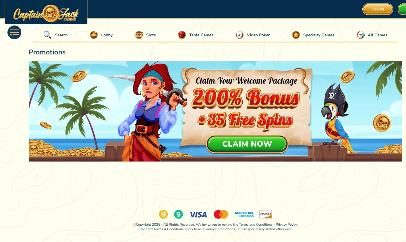 Captain Jack Casino promotions area on desktop